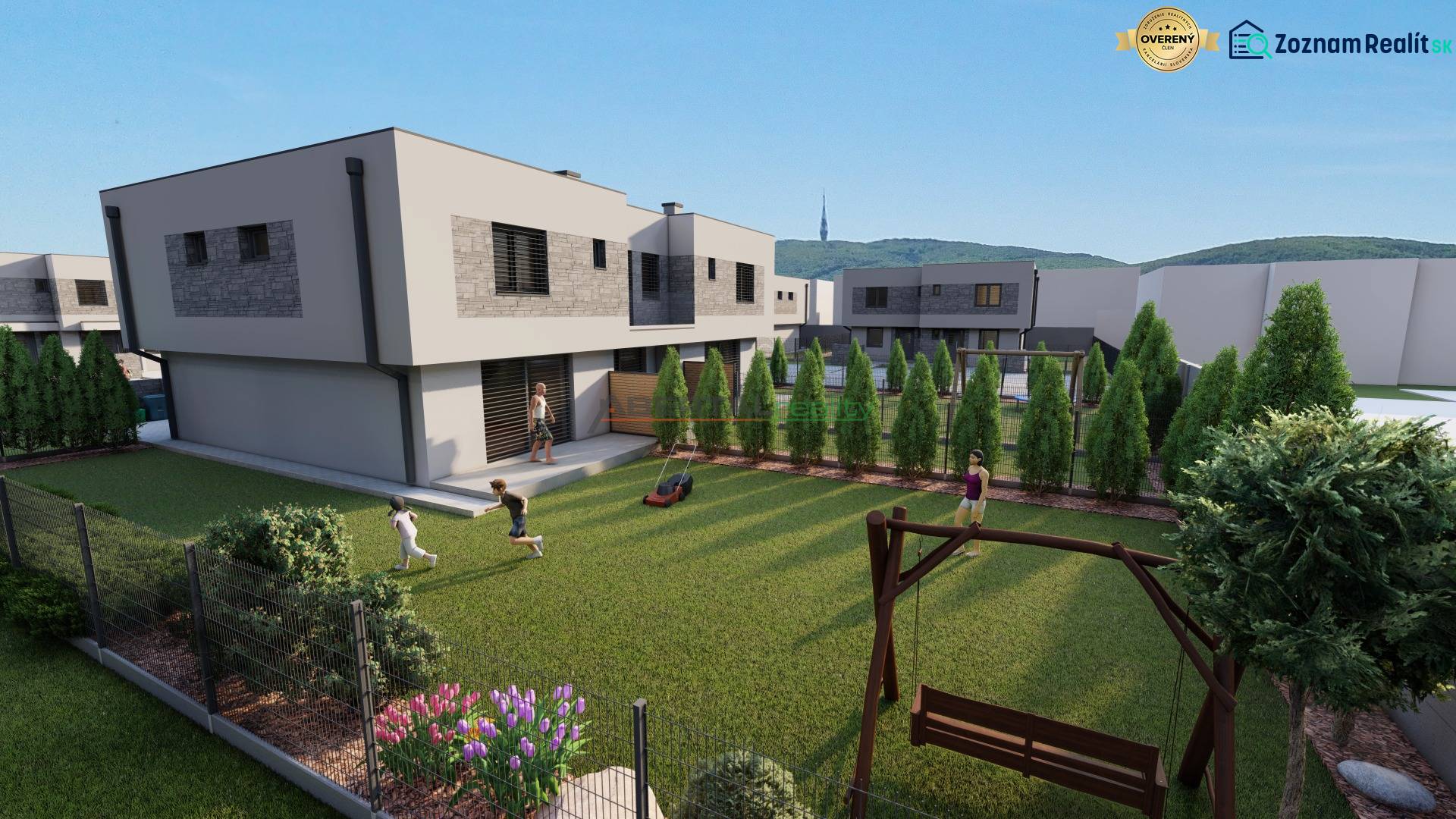 Zahrada u 4pokojového bytu na Triblavinské ulici v Chorvátském Grobu s hřištěm a terasou.