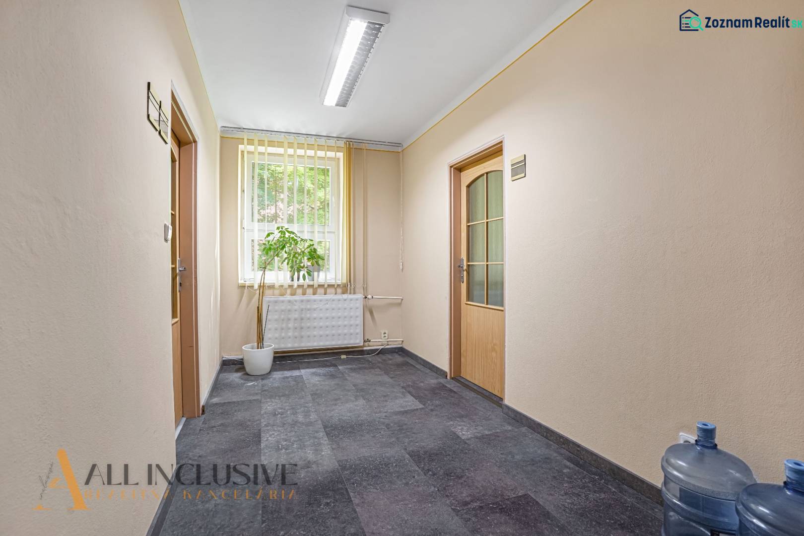 Chodba ve vstupní oblasti kanceláře s květinou a nesenou vodou.