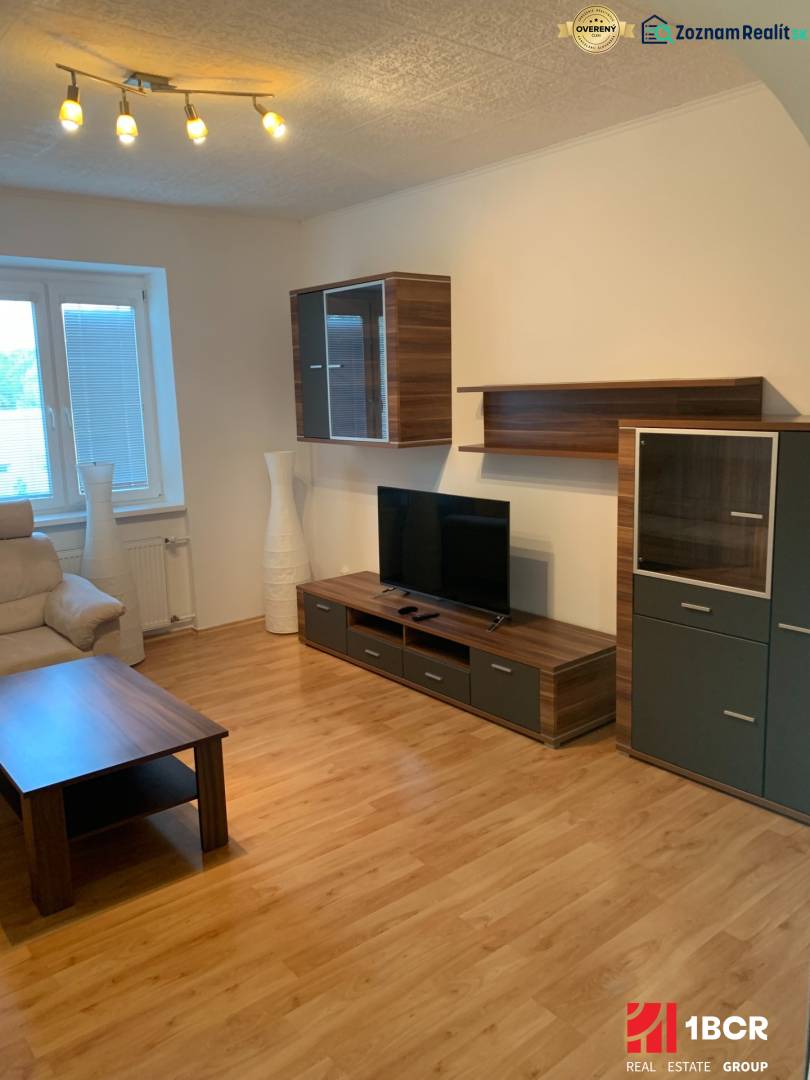 Obývací pokoj dvoupokojového bytu s podlahou s dřevěným dekorem a televizí.