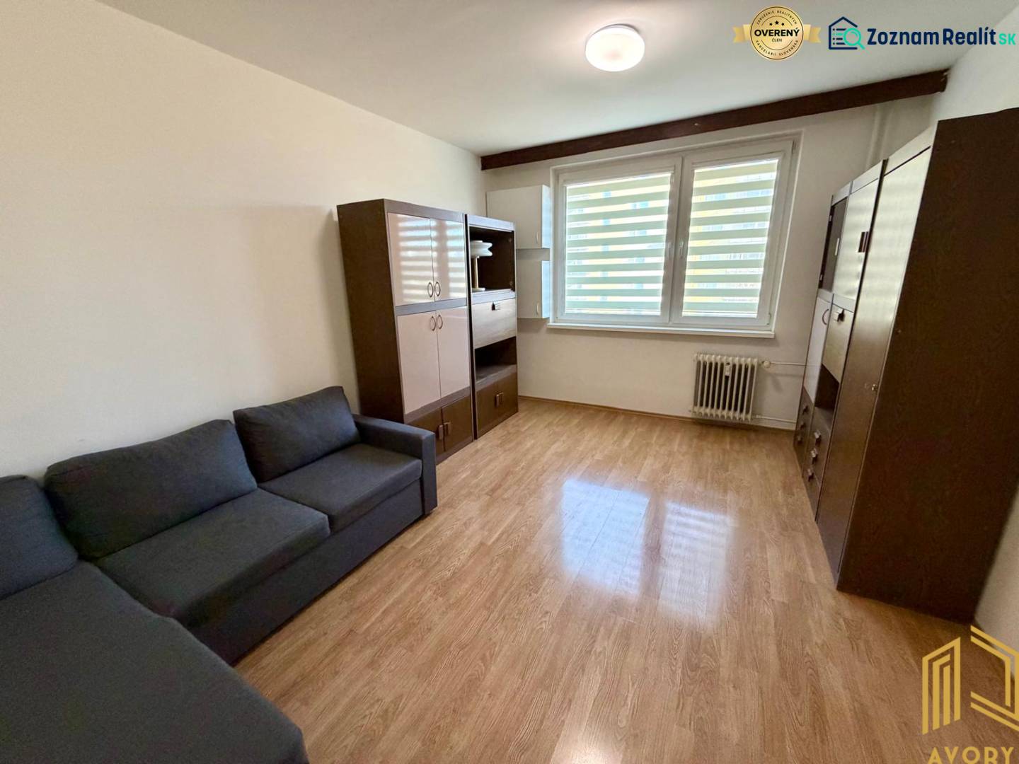 Obývací pokoj v jednopokojovém bytě s podlahou s dřevěným dekorem, pohovkou a skříňkami.