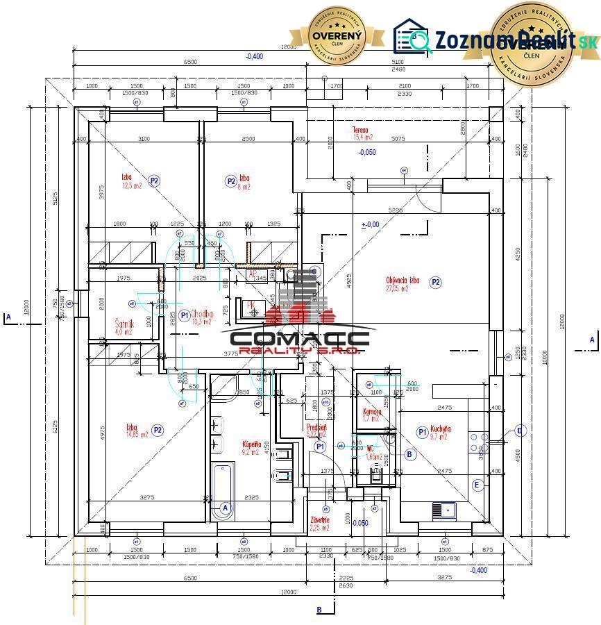 Půdorys rodinného domu na ulici Nové Mesto nad Váhom, s terasou a místnostmi.