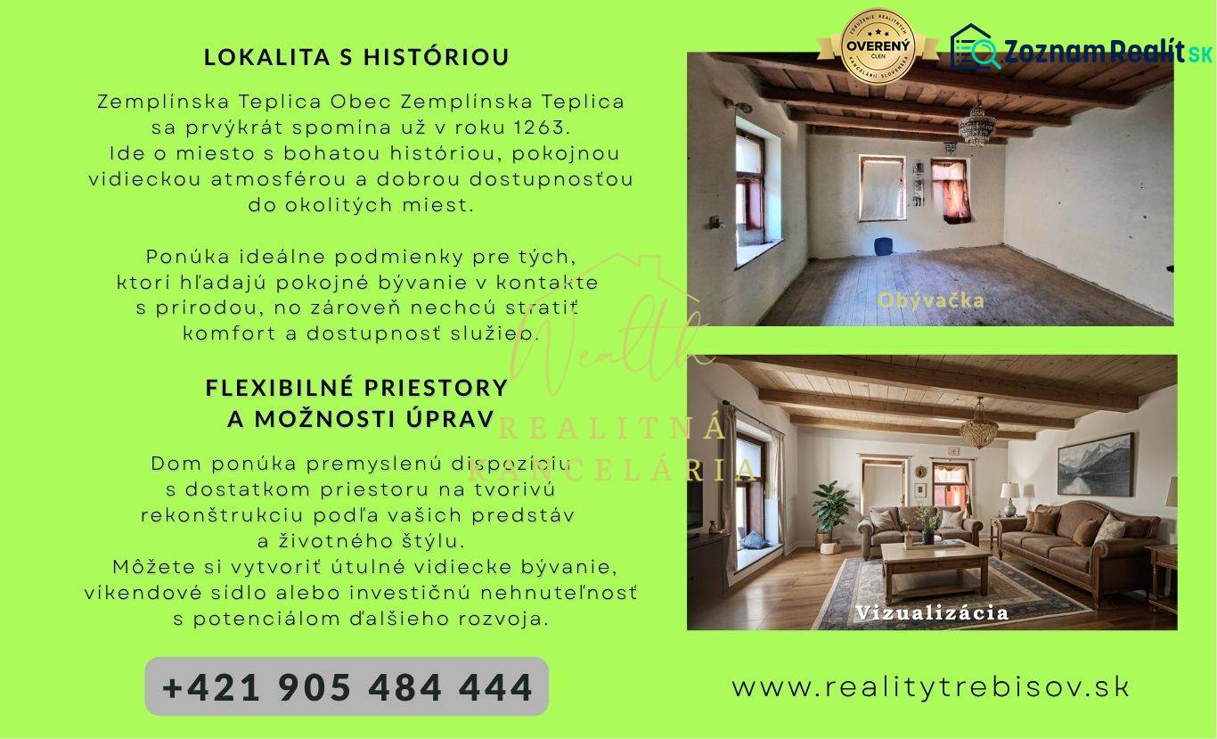 Dispozice rodinného domu s obývacím pokojem a vizualizací zařízení, dřevěný strop.