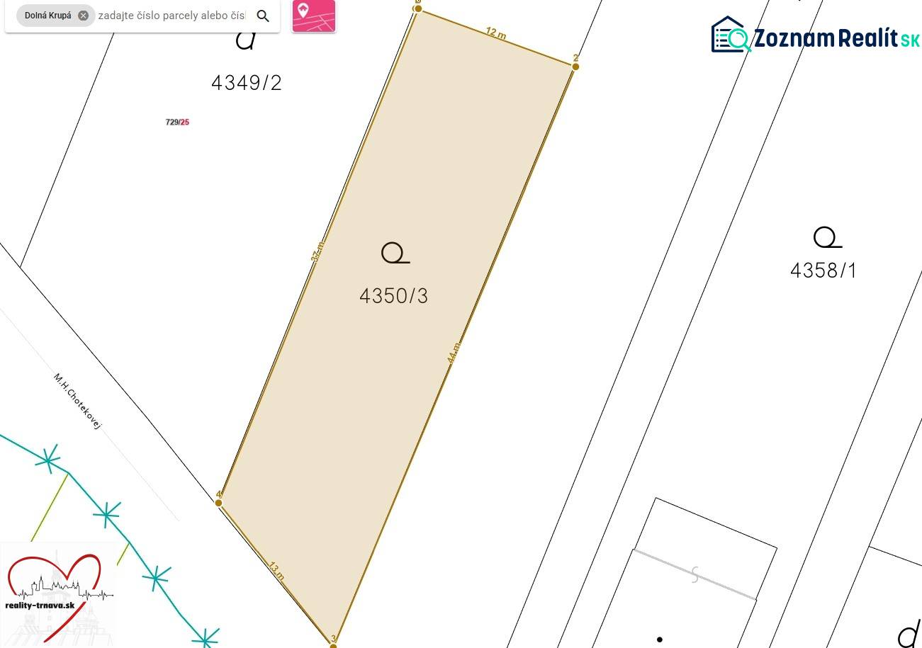 Mapa pozemku na M.H. Chvotekové v Dolní Krupé, určeného k bydlení.