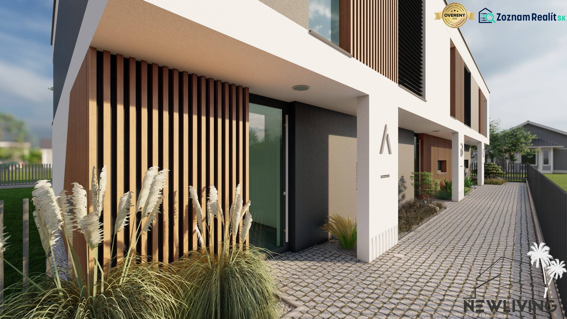 Rodinný dům na Drieňové ulici v Nitře, vstup s dekorem dřeva a dlažbou.