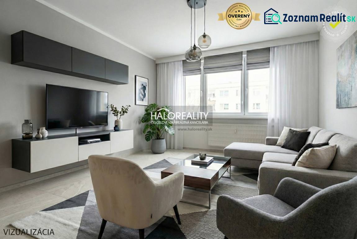 Obývací pokoj ve 3-pokojovém bytě s velkou pohovkou, TV, koberec, podlaha s dřevěným dekorem.