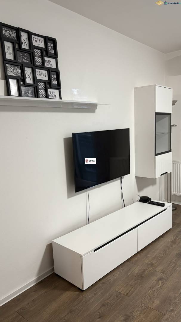 Televize na stěně, bílá komoda, obrazy a podlaha s dřevěným dekorem v 1-pokojovém bytě.