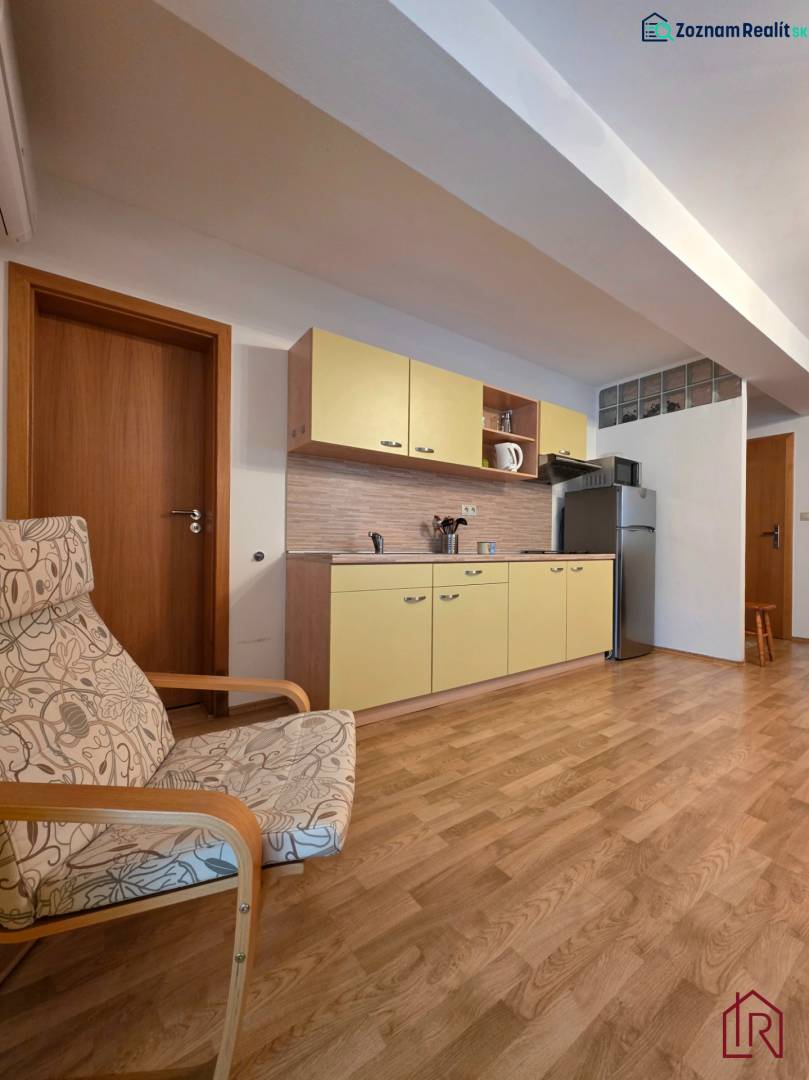 Rekreační apartmán s kuchyňskou linkou, křeslem a podlahou s dřevěným dekorem.