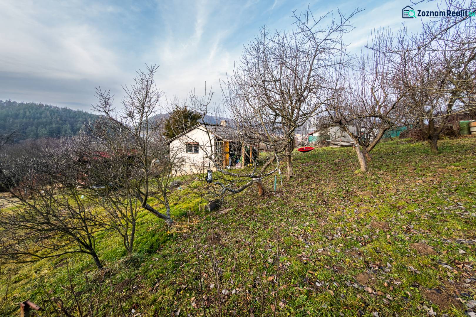 Chata mezi ovocnými stromy na svahu v okolí Prešova během zimy.