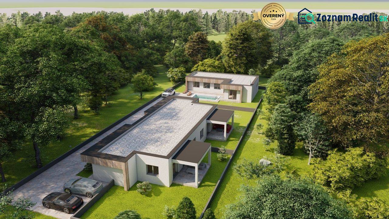 Rodinné domy v Žihárci obklopené zelenými stromy, s bazénem a příjezdovou cestou.