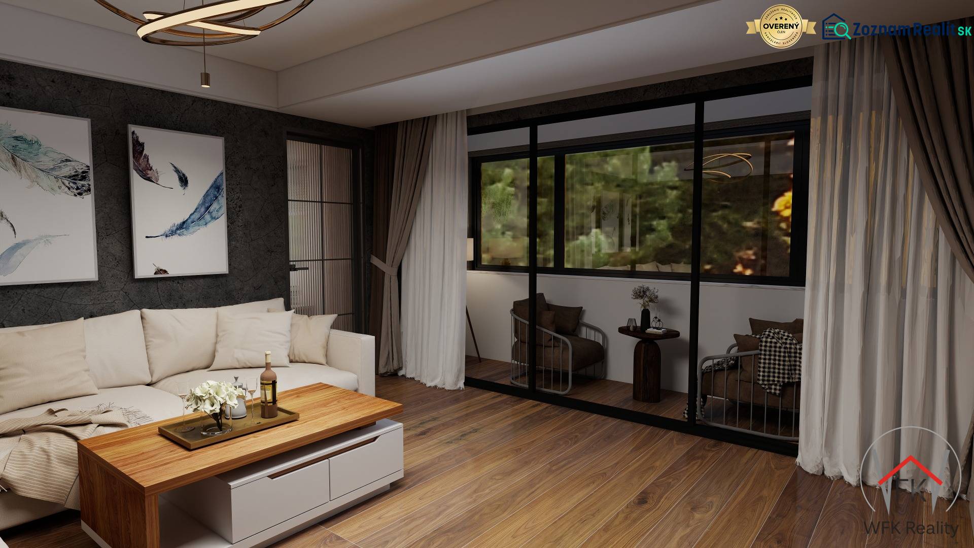 Obývací pokoj s pohovkou, stolkem s podlahou s dřevěným dekorem, umění na stěně, balkon.