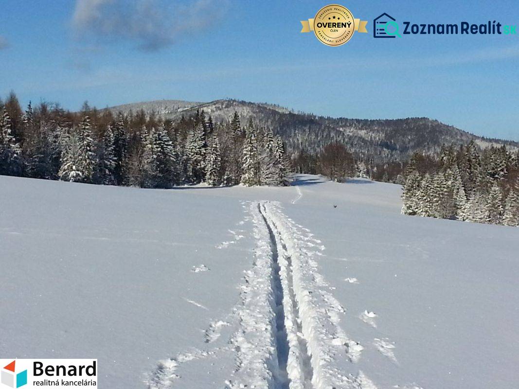 Rekreační pozemky u Litmanové pokryté sněhem, obklopené zasněženými stromy a kopci.