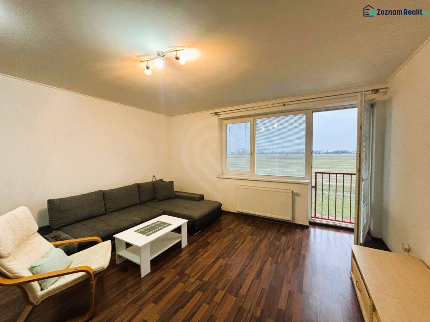 Obývací pokoj v 2pokojovém bytě s podlahou s dřevěným dekorem a pohovkou.