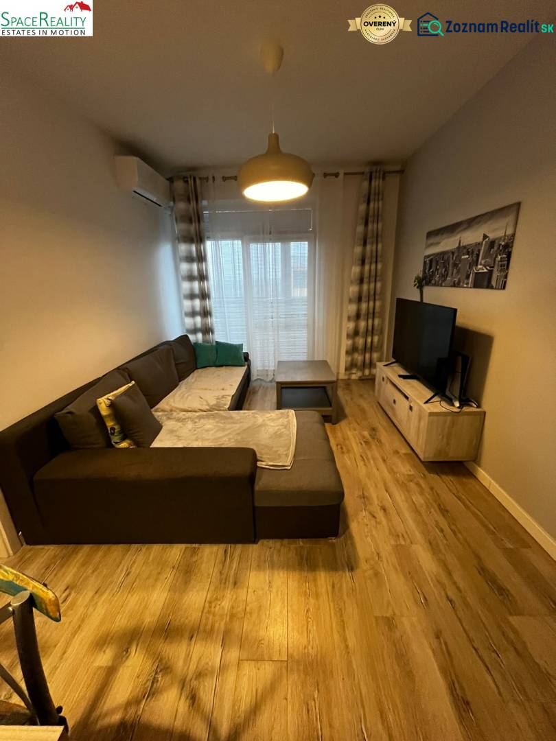 Obývací pokoj v 2-pokojovém bytě s pohodlnou sedačkou a podlahou s dřevěným dekorem.