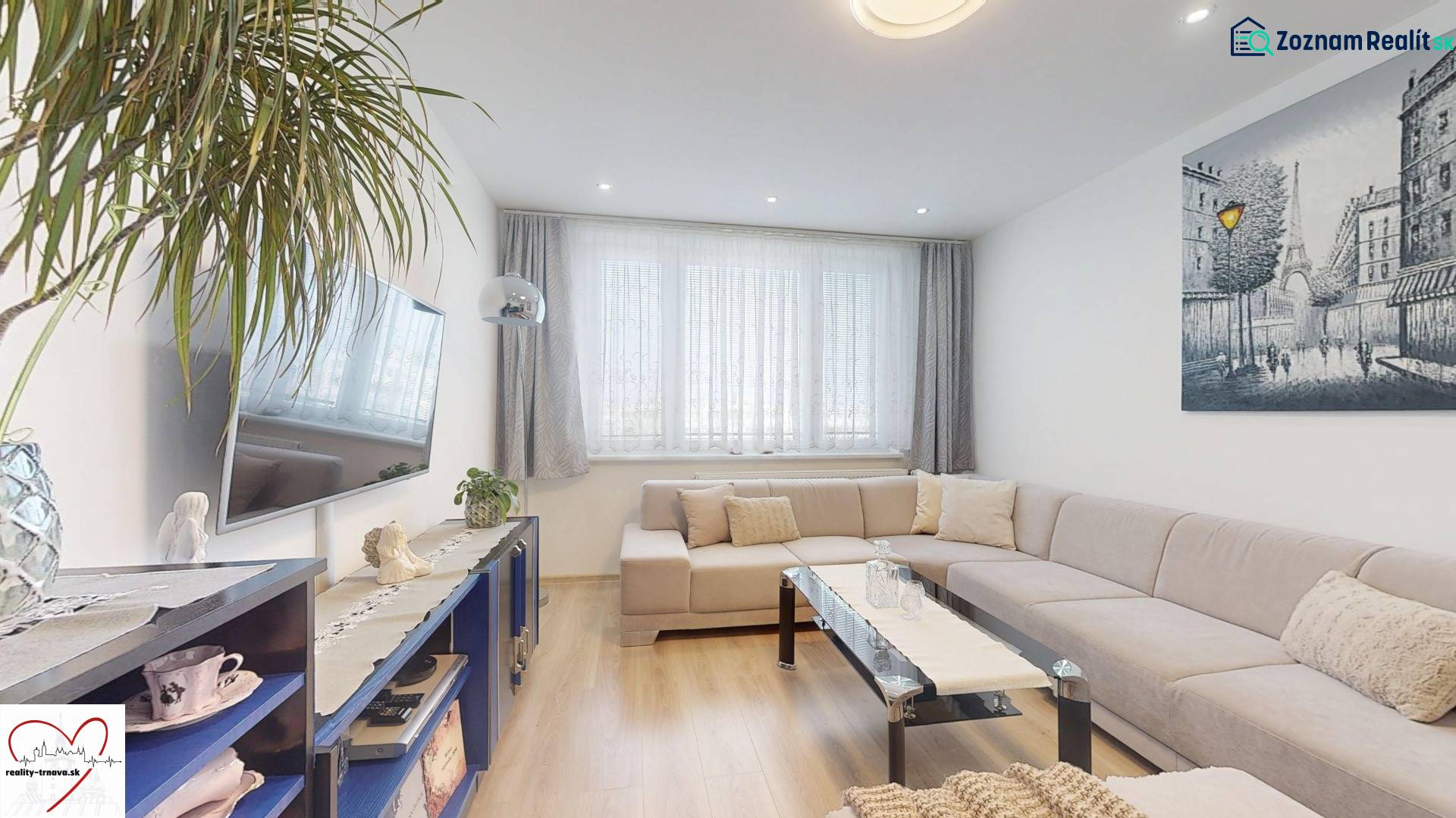 Obývací pokoj s podlahou s dřevěným dekorem, pohovkou a televizí ve 3pokojovém bytě.