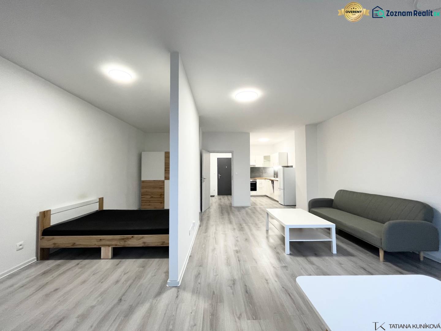 Interiér 1-pokojového bytu s podlahou s dřevěným dekorem, postelí a pohovkou.