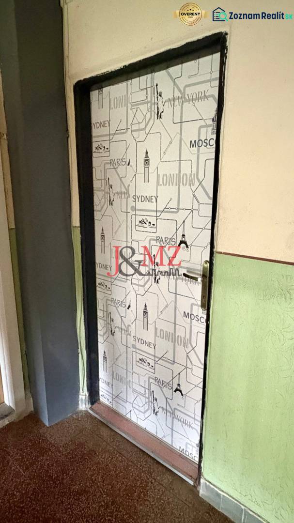 Dveře pokryté městským motivem, podlaha s dřevěným dekorem, stěna v sytě zelené barvě.