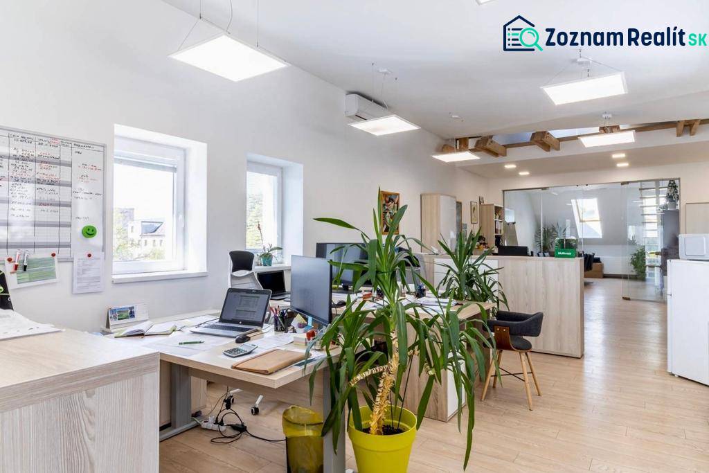 Osvětlené kanceláře s počítači, rostlinami a podlahou s dřevěným dekorem.