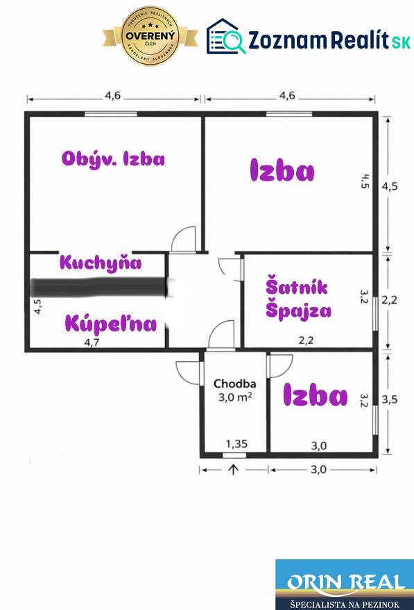 Půdorys rodinného domu s místnostmi: obývací pokoj, kuchyň, pokoje, koupelna, spíž.