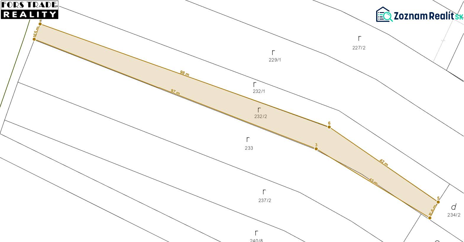 Mapa pozemků na bydlení v Tešedíkově, zobrazuje parcelu číslo 232/2.
