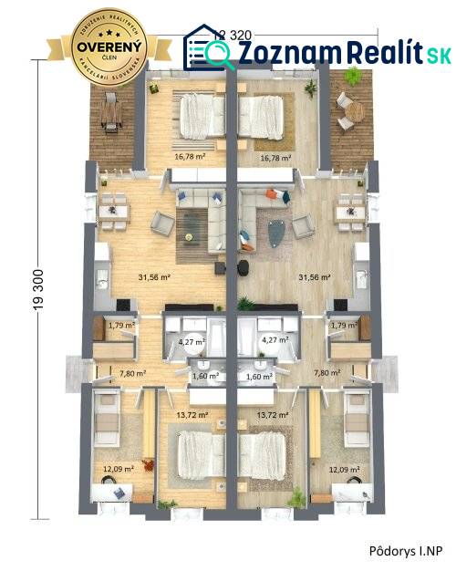 Půdorys přízemí rodinného domu se dvěma ložnicemi a obývací částí na podlaze s dřevěným dekorem.