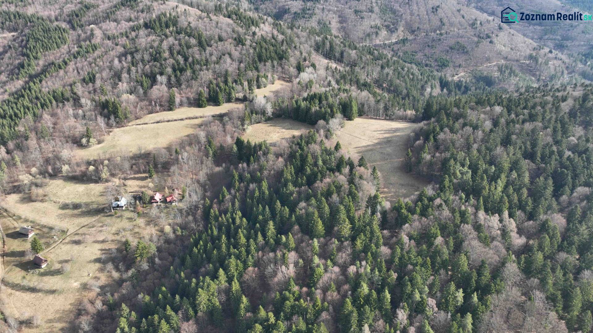 Kopcovitá krajina, kde zemědělské a lesní pozemky u Lazů pod Makytou splývají s hustými lesy.