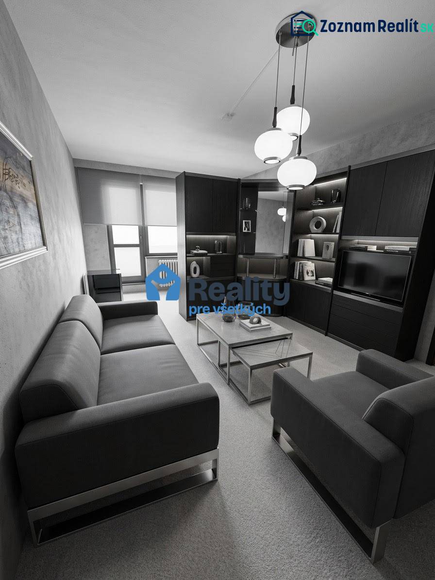 Obývací pokoj ve 2-pokojovém bytě s tmavým nábytkem a komfortní sedačkou.