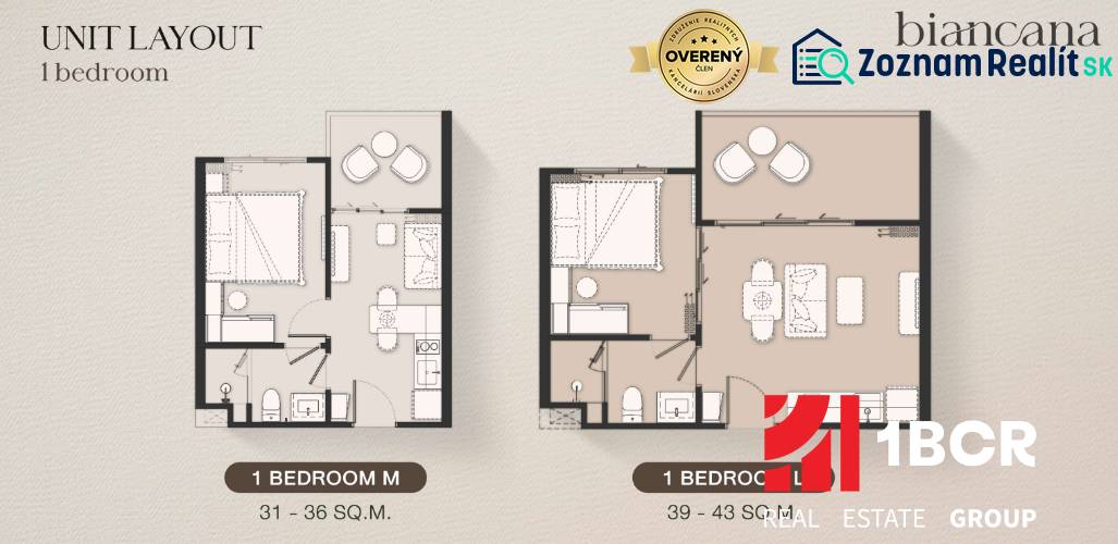 Půdorysy 2pokojového bytu s rozměry 31-43 m², včetně obývacího pokoje a kuchyně.