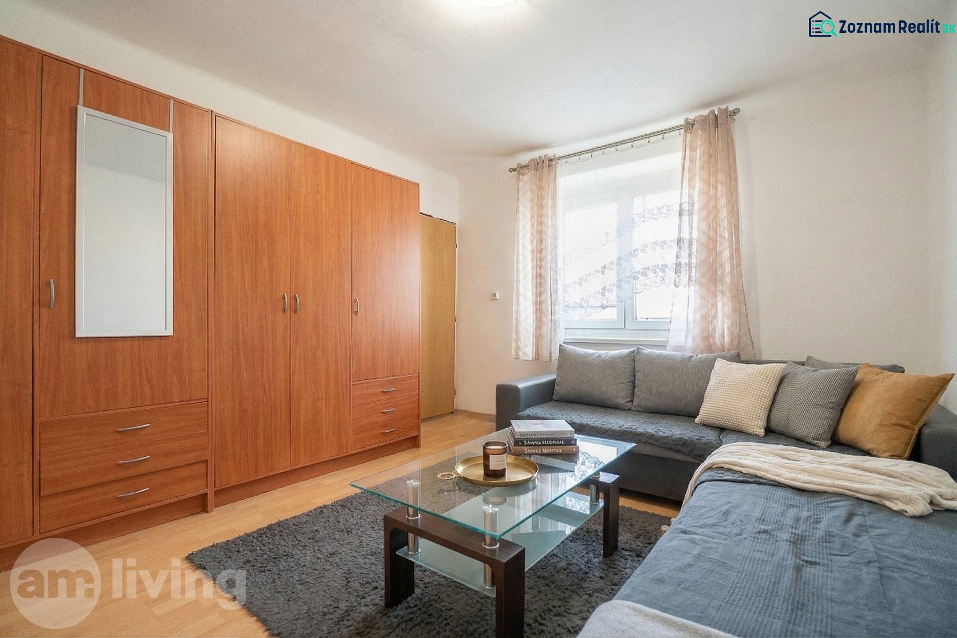 Obývací pokoj v 1-pokojovém bytě s pohovkou, skříní a stolkem, podlaha s dřevěným dekorem.