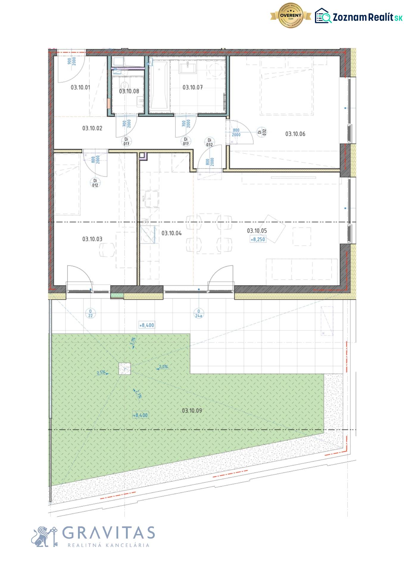 Půdorys zobrazuje rozmístění místností v 3-pokojovém bytě s přidruženou zahradou.