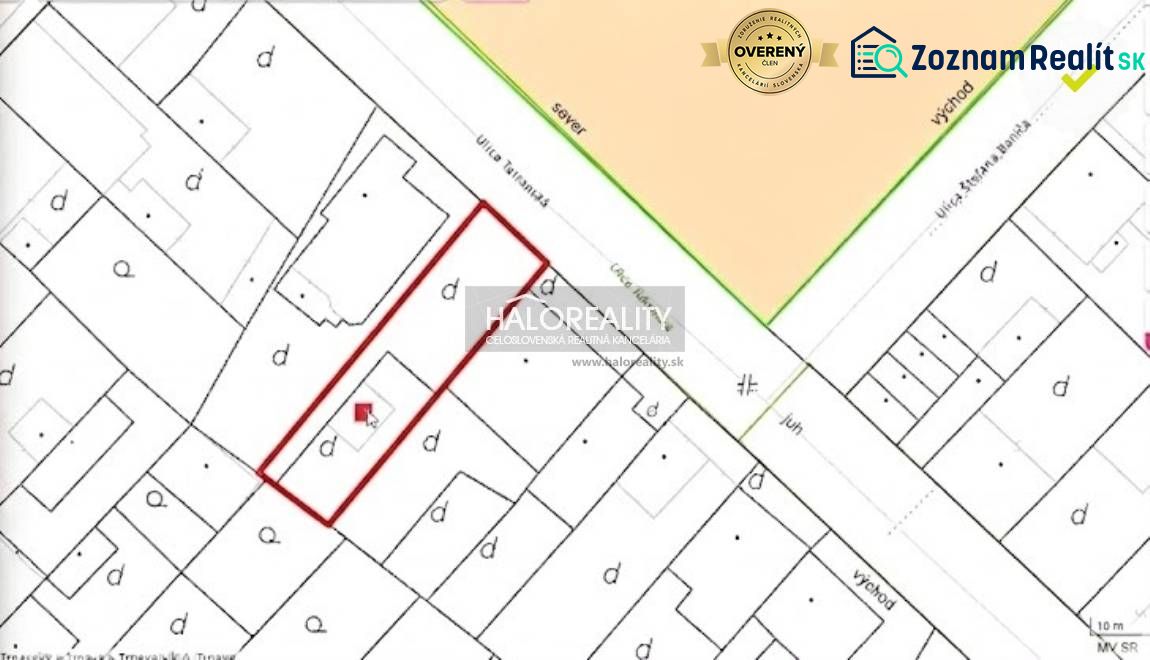Katastrální mapa pozemku k bydlení v Trnavě se zvýrazněnými hranicemi.