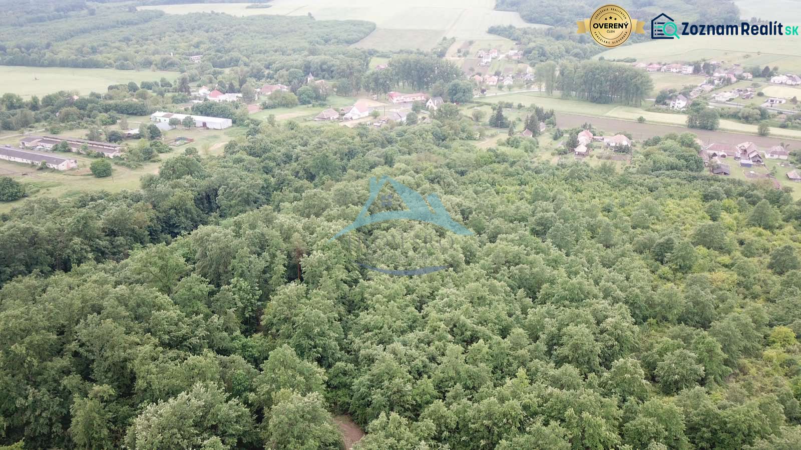 Letecký pohled na zemědělské a lesní pozemky u Trebušovců obklopené zelení a venkovskými oblastmi.