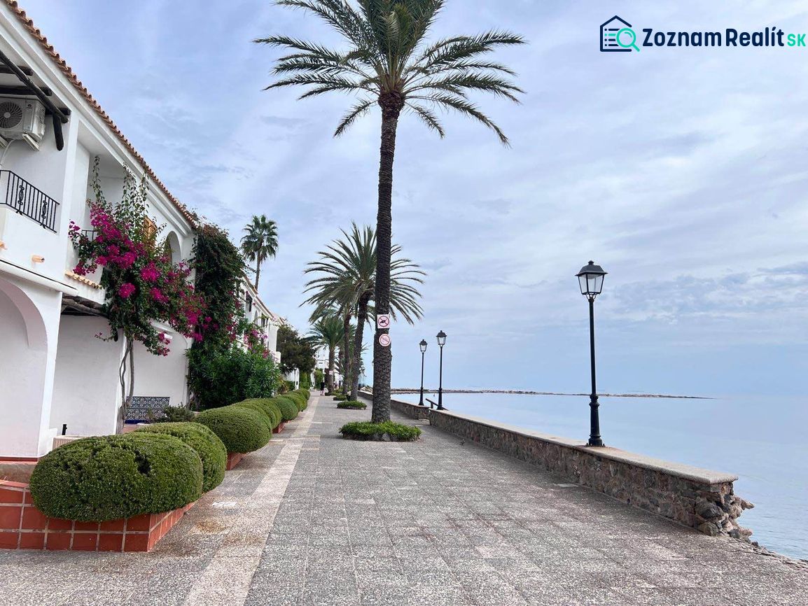 Promenáda u moře v La Manga del Mar Menor, Španělsko, lemovaná palmami a lampami.
