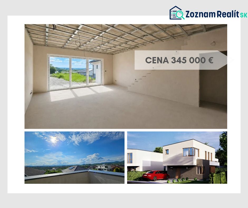 Interiér rodinného domu s velkými okny a výhledem na Prešov. Cena: 345 000 €.