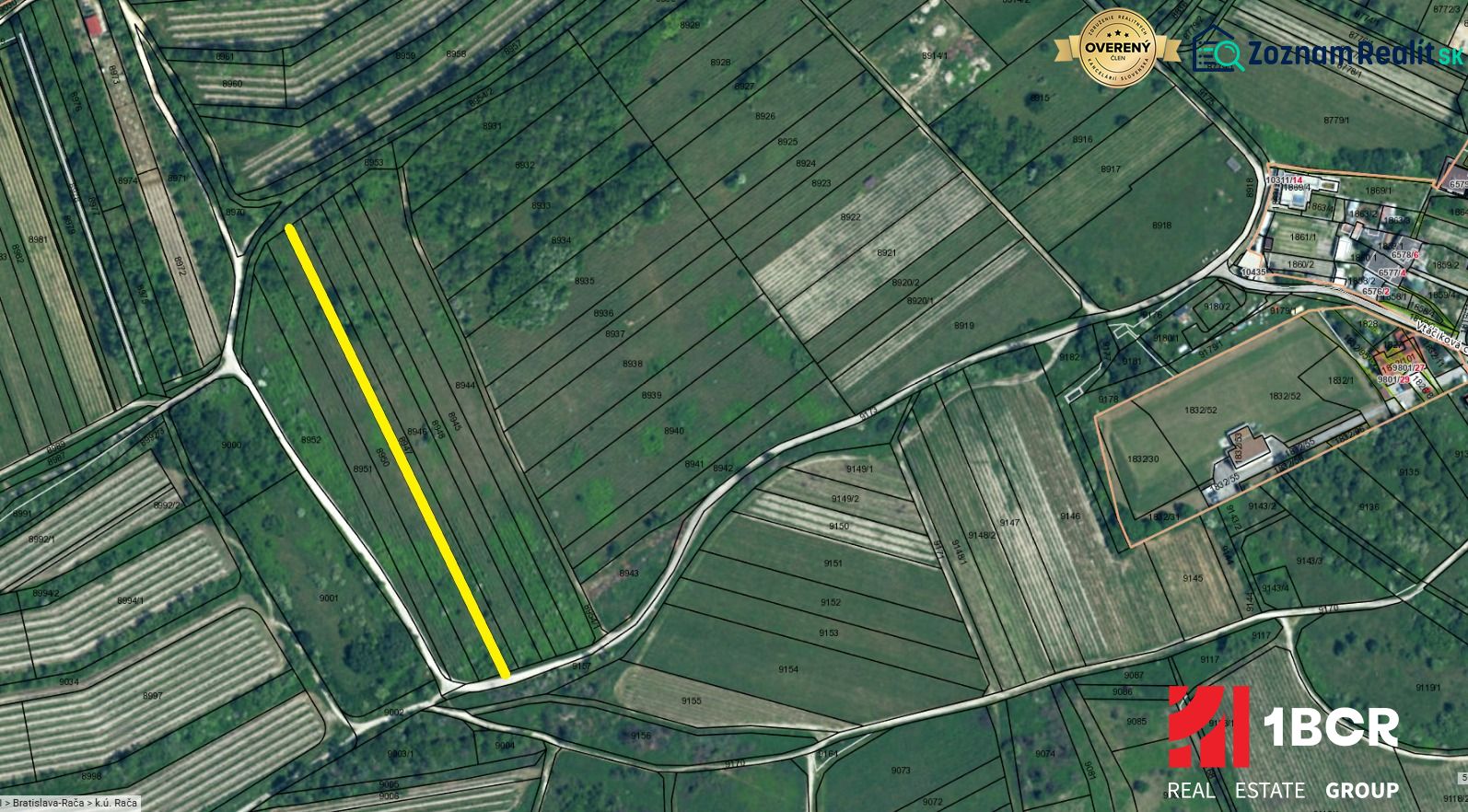 Katastrální mapa vinic na Vtáčikově cestě, Bratislava - Rača, s vyznačeným pozemkem.