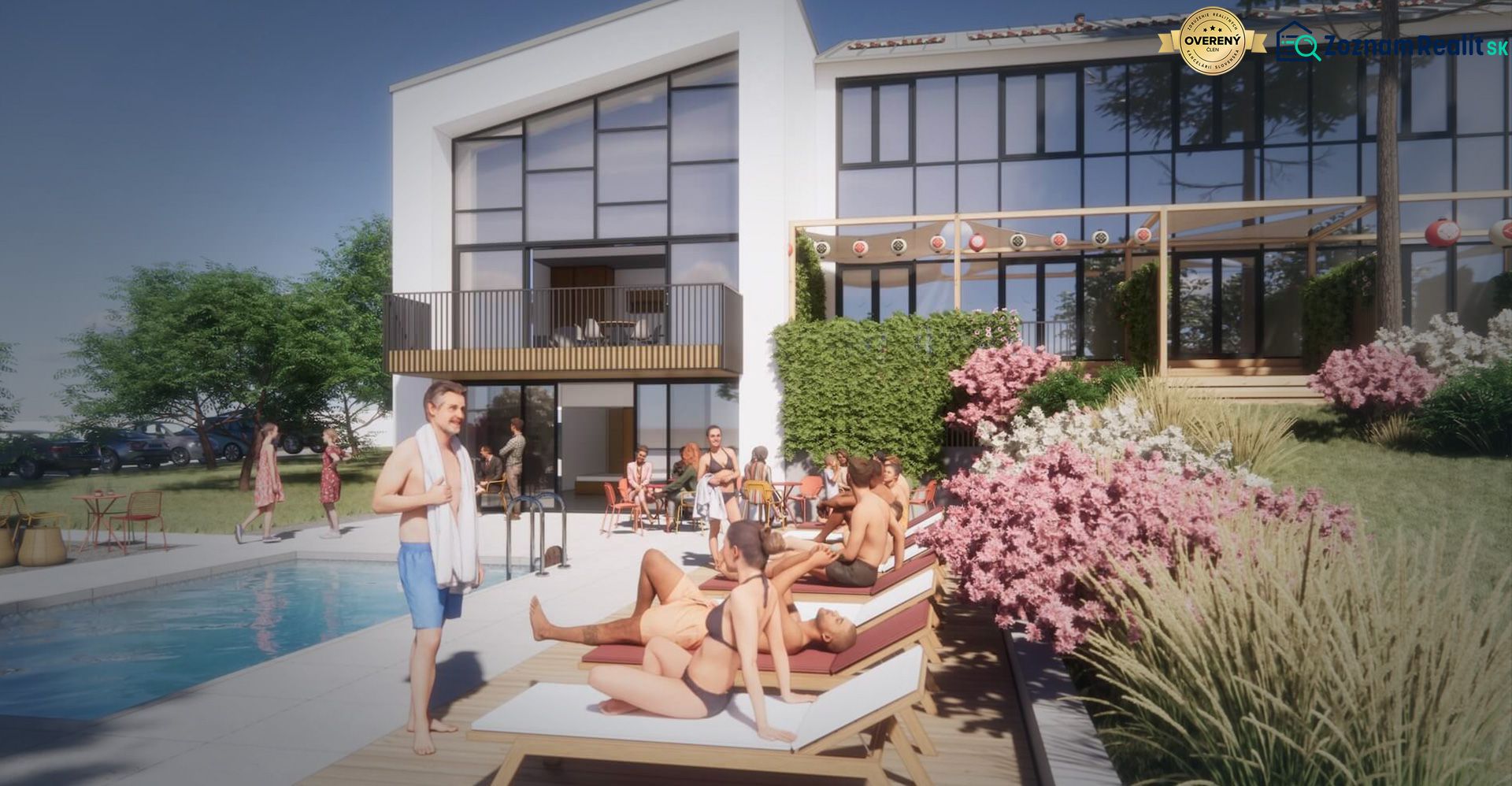 Exteriér rekreačního apartmánu v Zemplínské Šíravě s lidmi u bazénu a zahradou.