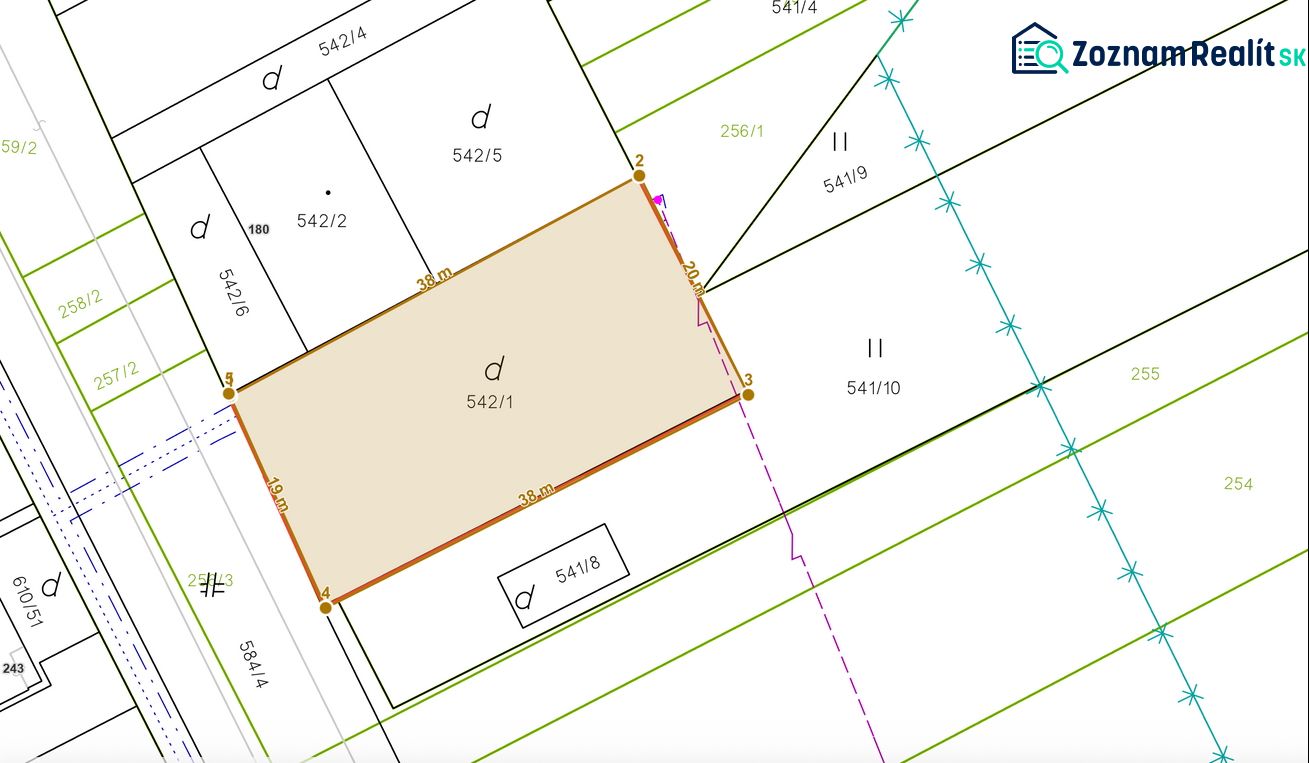 Katastrální mapa pozemků v Gôtovanech, zvýrazněné rekreační pozemky s parcelním číslem.