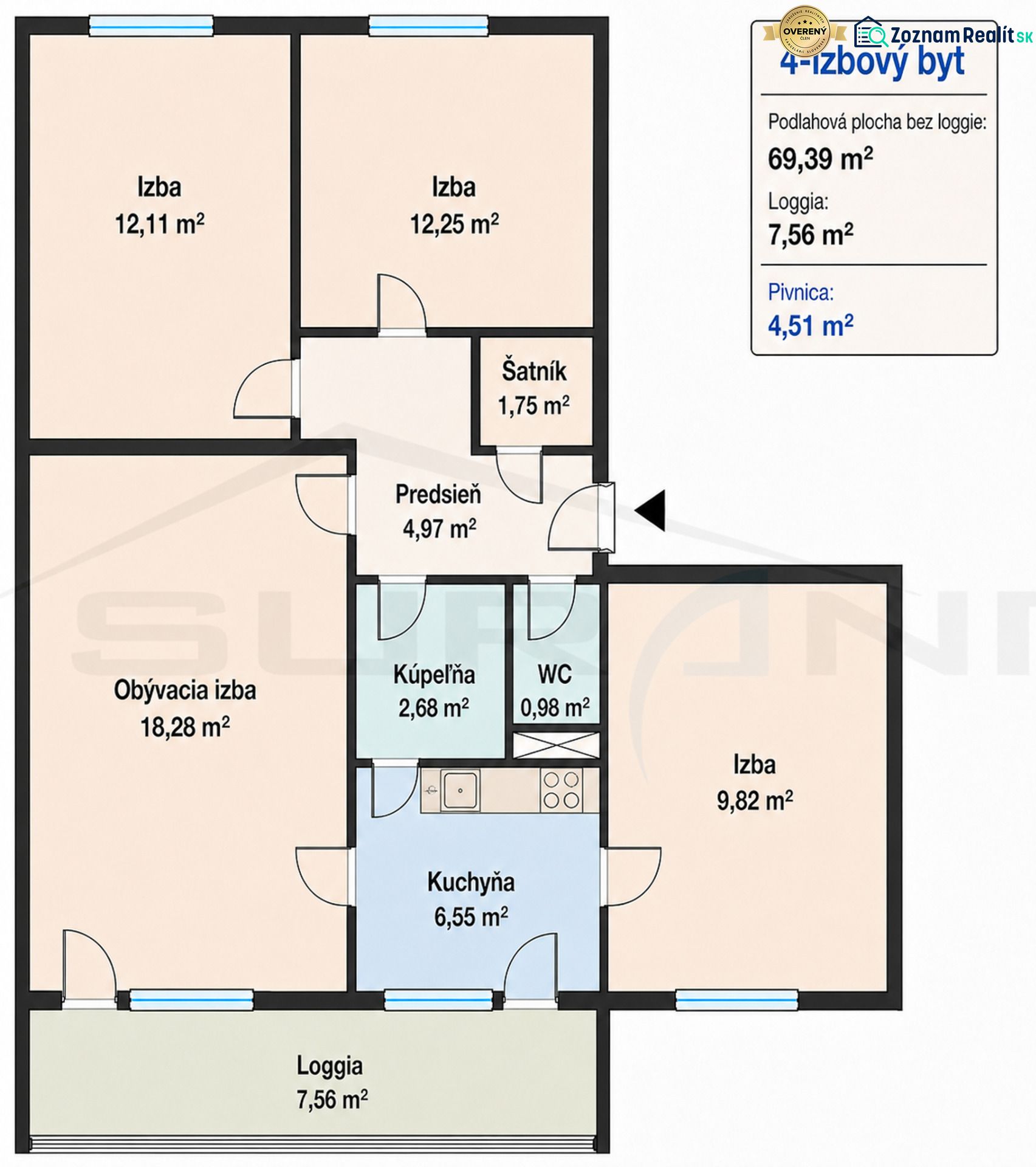 Půdorys 4-pokojového bytu se šatnou, lodžií a sklepem. Celková plocha 69,39 m².