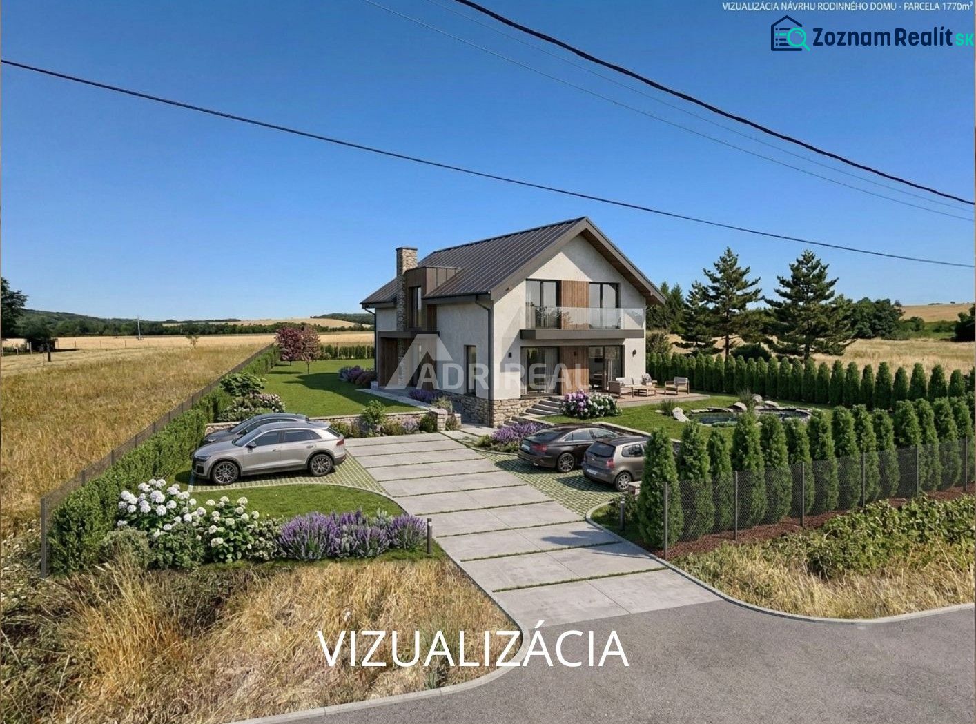 Vizualizace rodinného domu v prostředí Hokoviec s pozemky na bydlení.