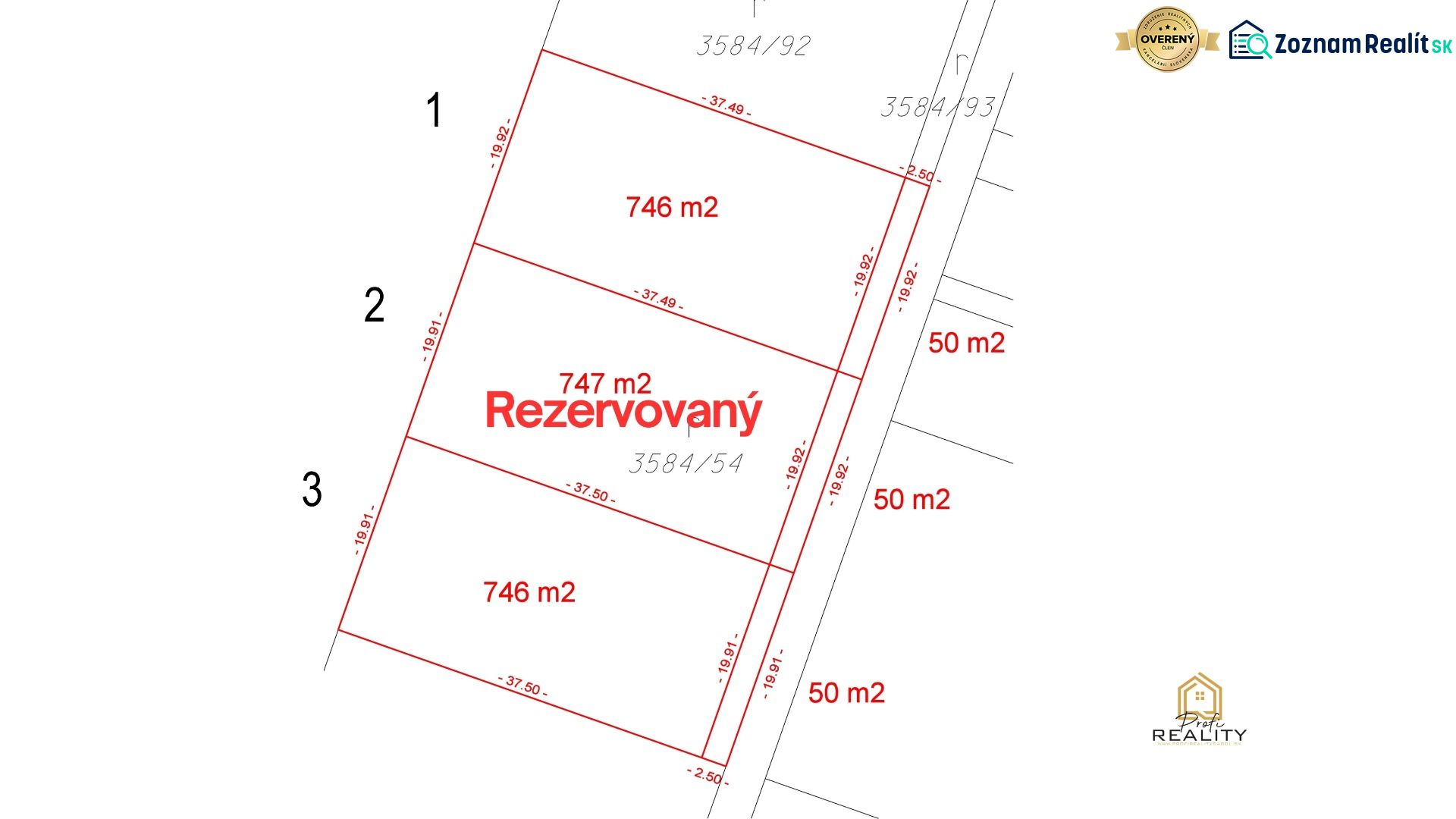 Mapa pozemků na Zlatobanské ulici v Prešově pro bydlení, jeden je rezervovaný.