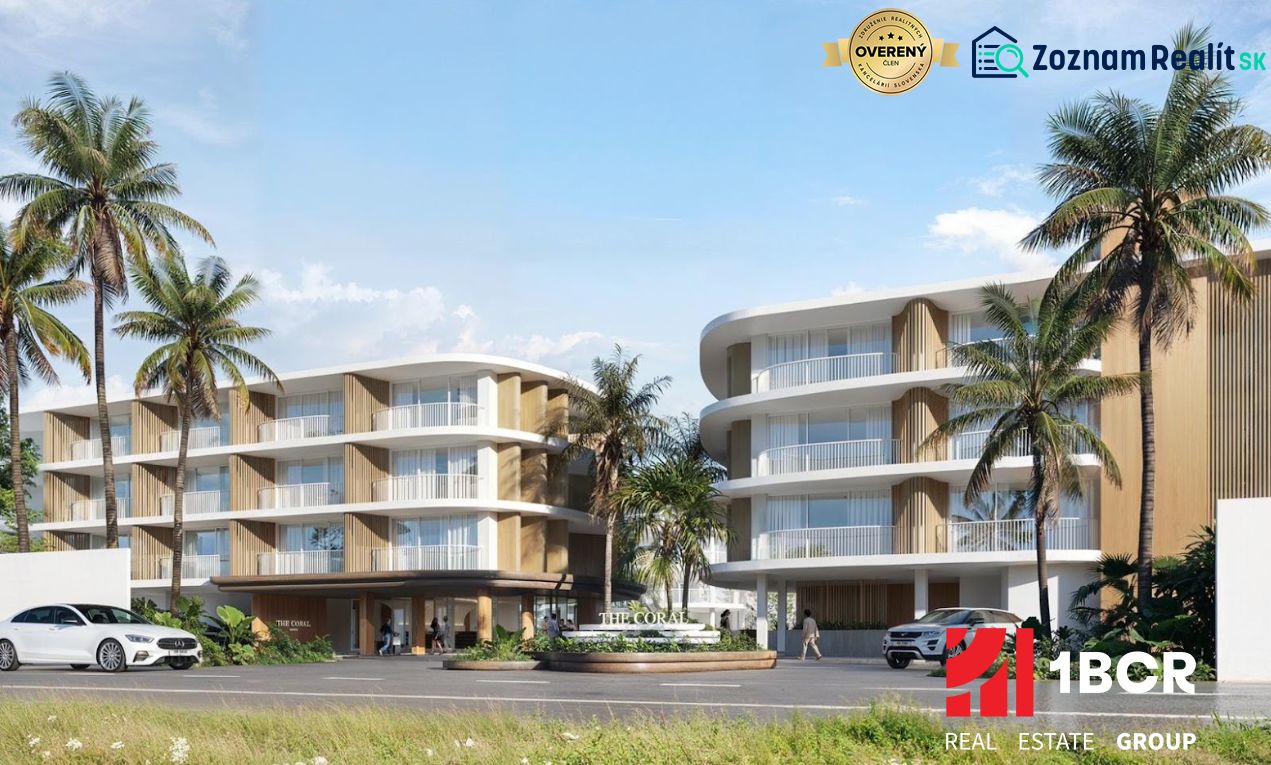 Výstavba bytů v Surat Thani s palmovými stromy a moderní architekturou.