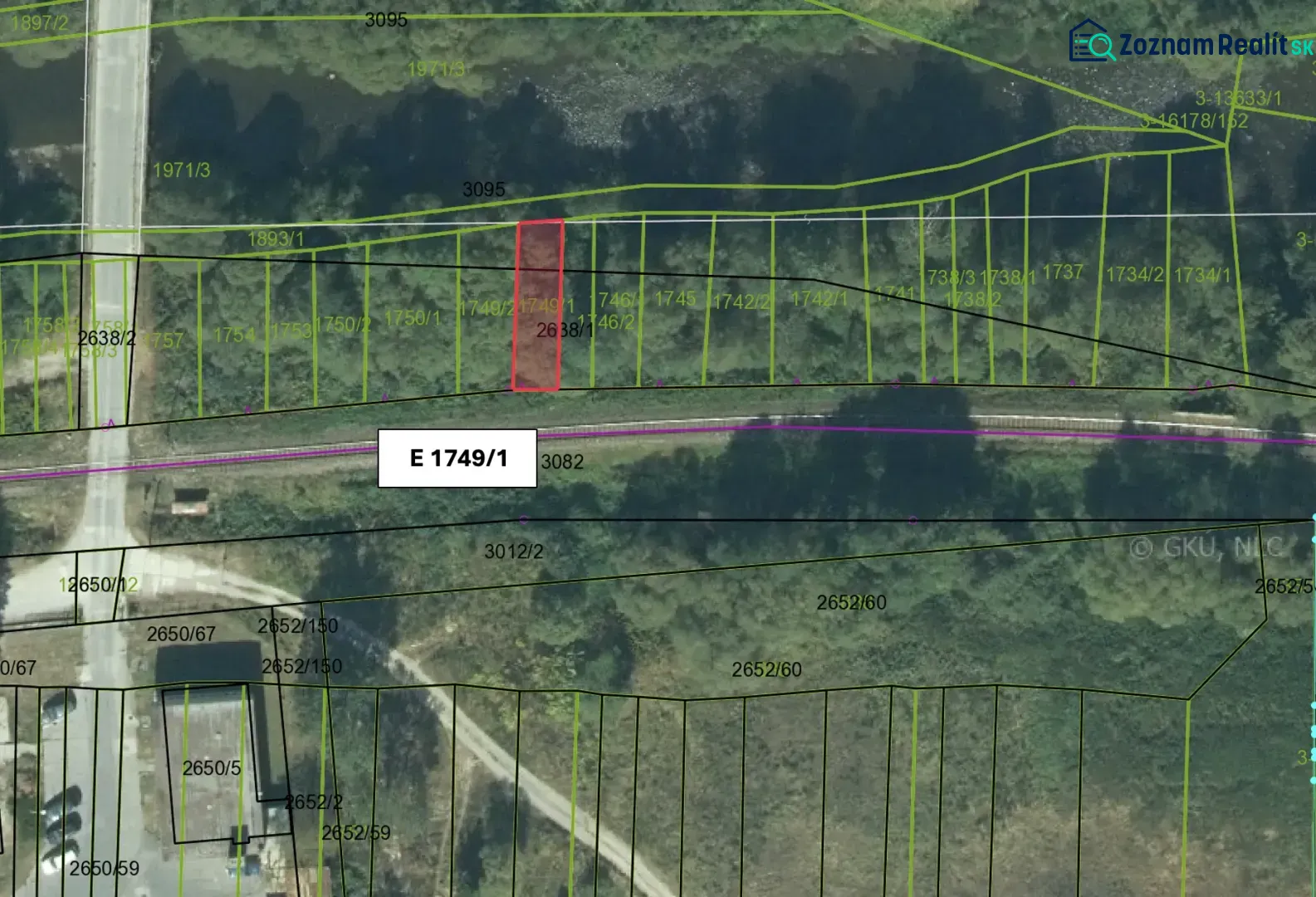 Katastrální mapa zemědělských a lesních pozemků v obci Valaská s vyznačením parcel.
