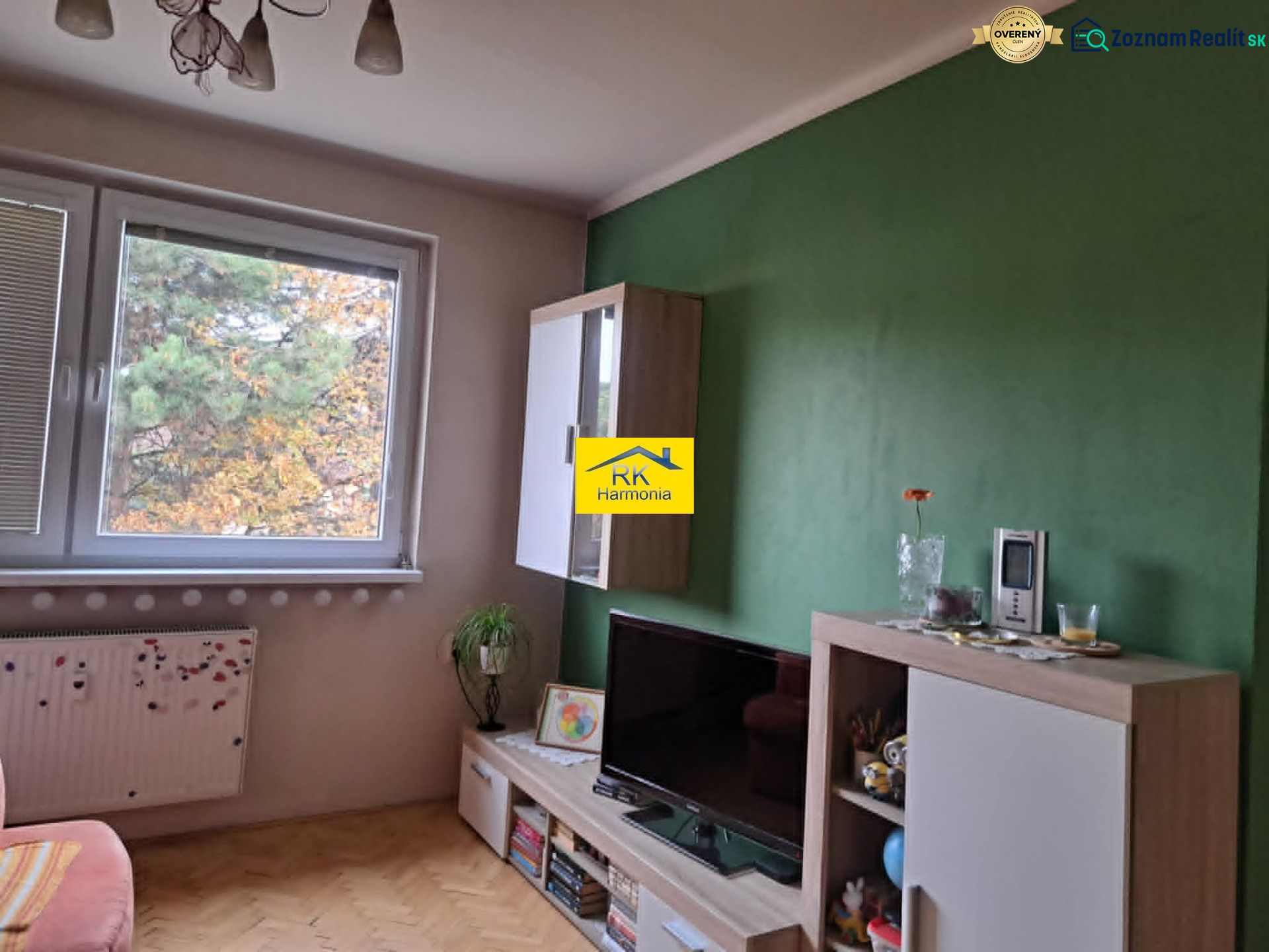 Obývací pokoj s dřevěným dekorem, televizí a zelenou stěnou v 2pokojovém bytě.
