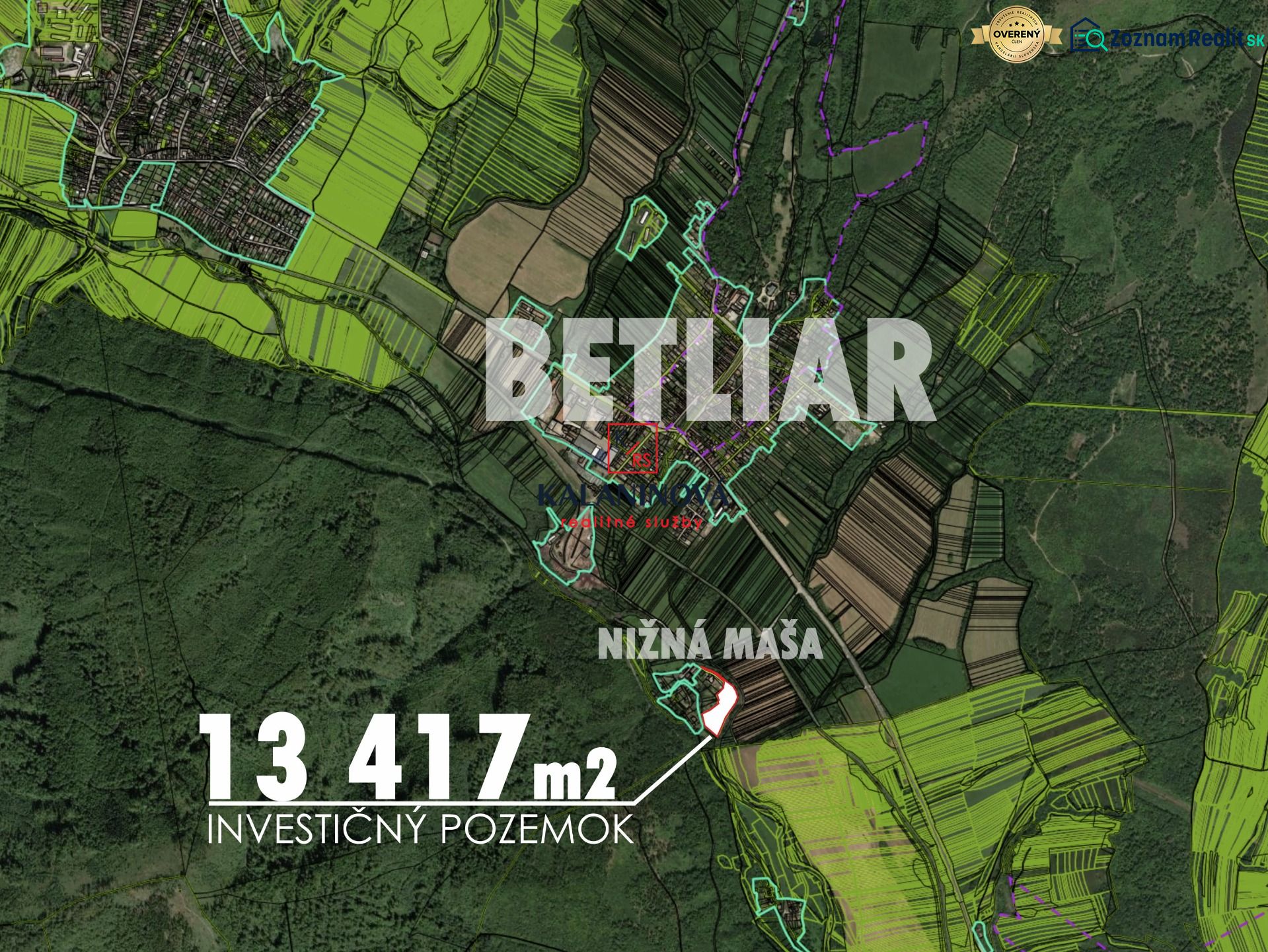 Mapa investičního pozemku o rozloze 13 417 m² v Betliari.