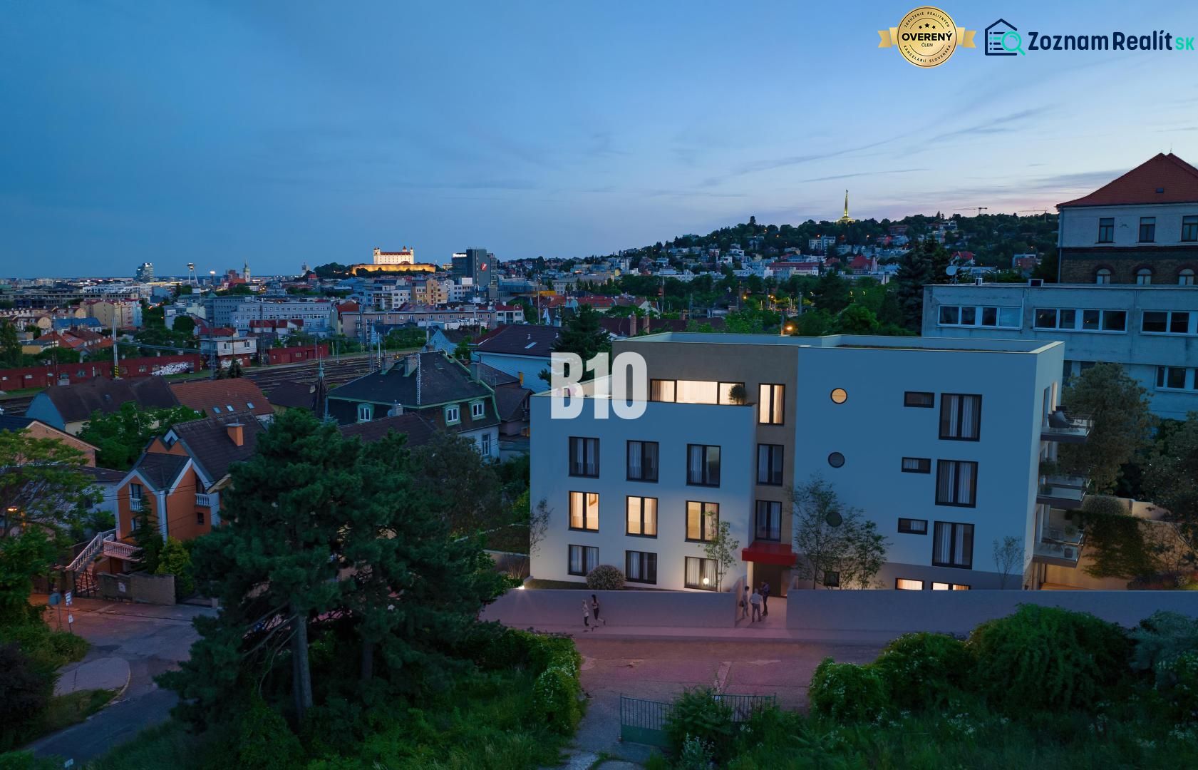 Noční panorama z ulice Pod Strážemi v Bratislavě III s výhledem na 3pokojový byt.