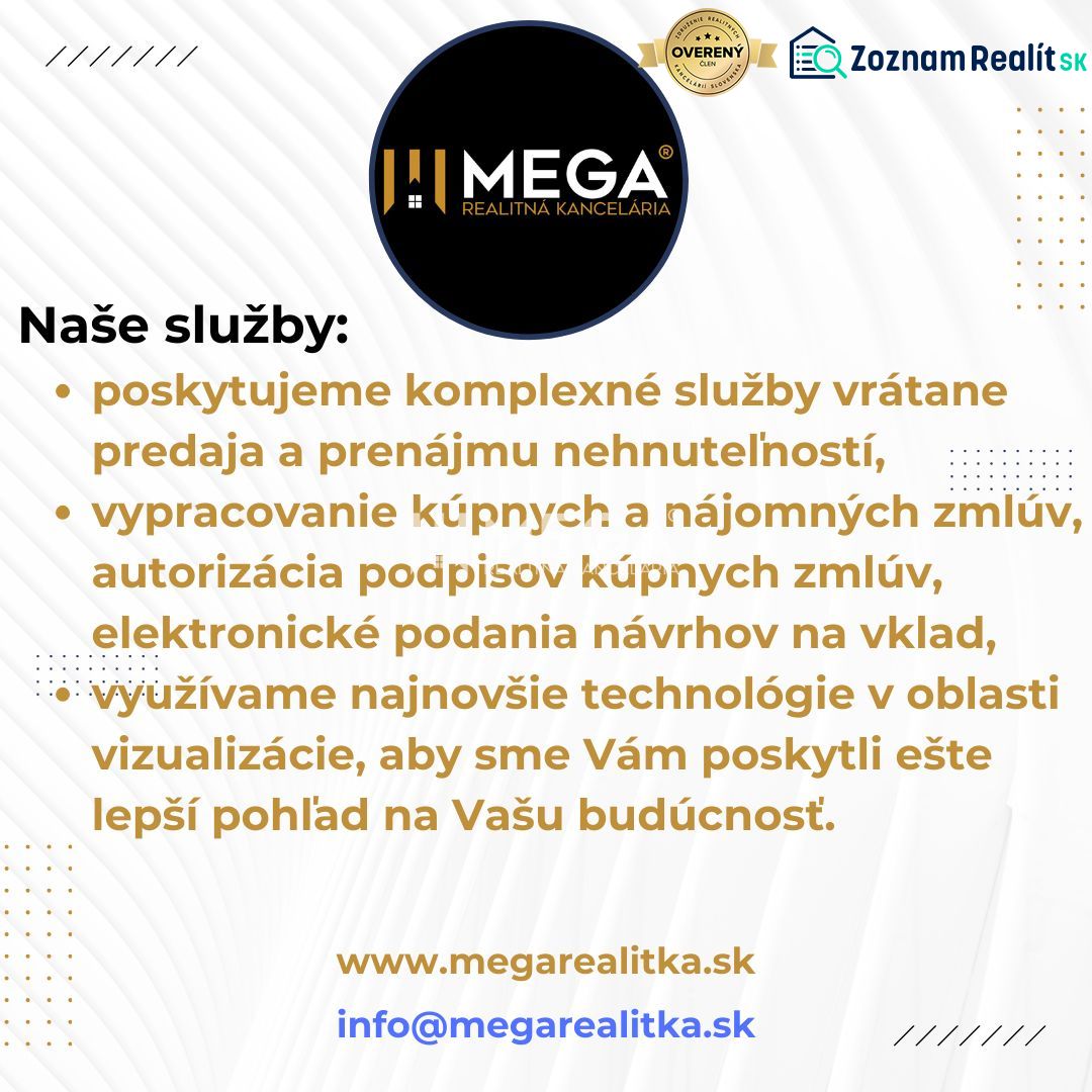 Reklama na služby realitní kanceláře Mega zahrnující prodej, pronájem a vizualizaci.