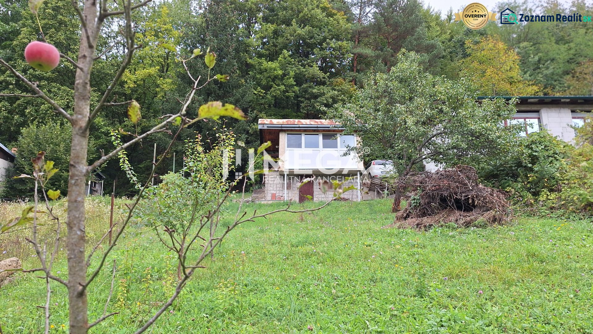Chata v zahrádkářské oblasti Drienovec u Humenného s ovocnými stromy v zeleném prostředí.
