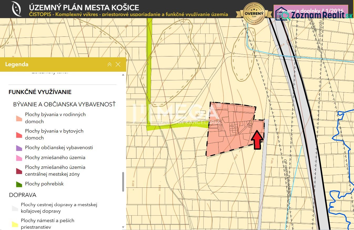 Mapa územního plánu pro Košice IV, Rešov majer, zaměřená na pozemky - bydlení.