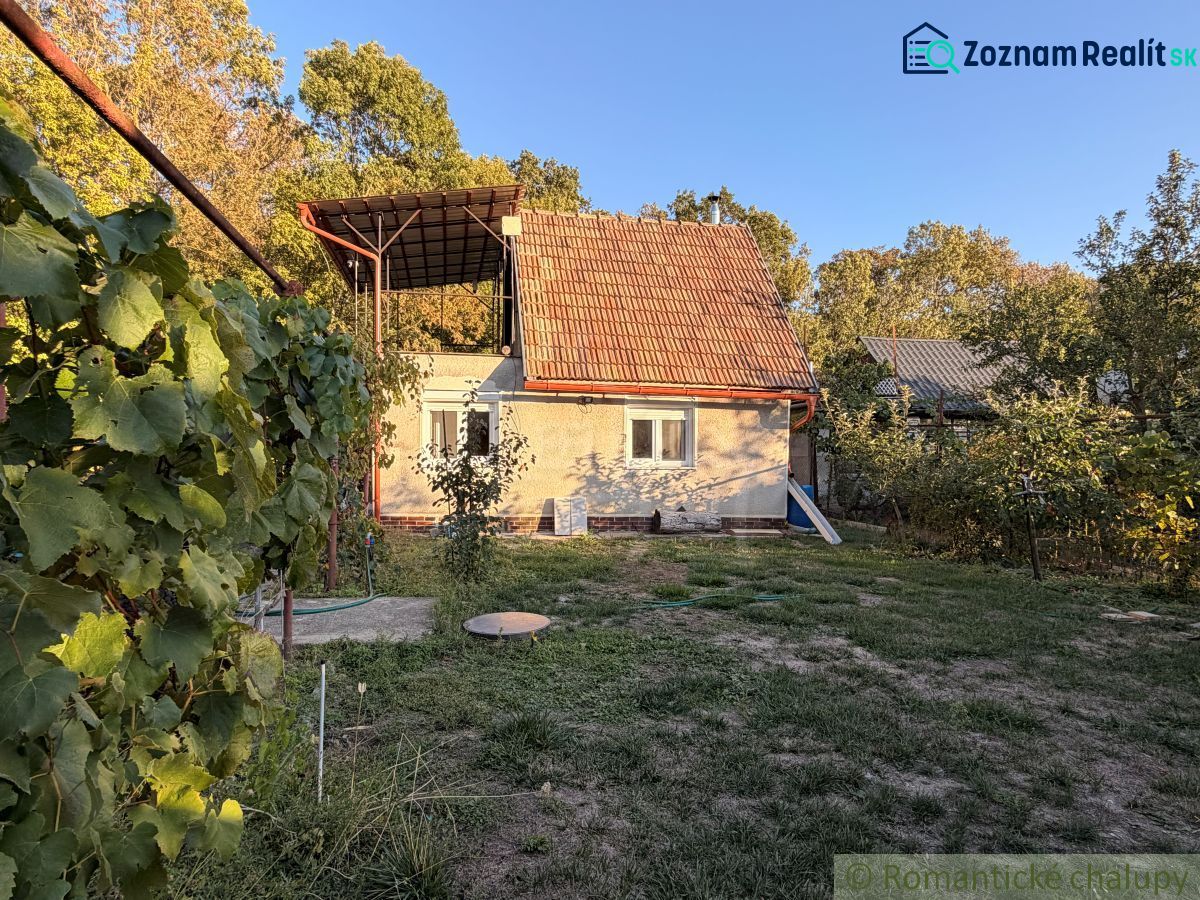 Chata v Nových Zámcích s terasou, obklopená přírodou a vinicí na pozadí lesa.