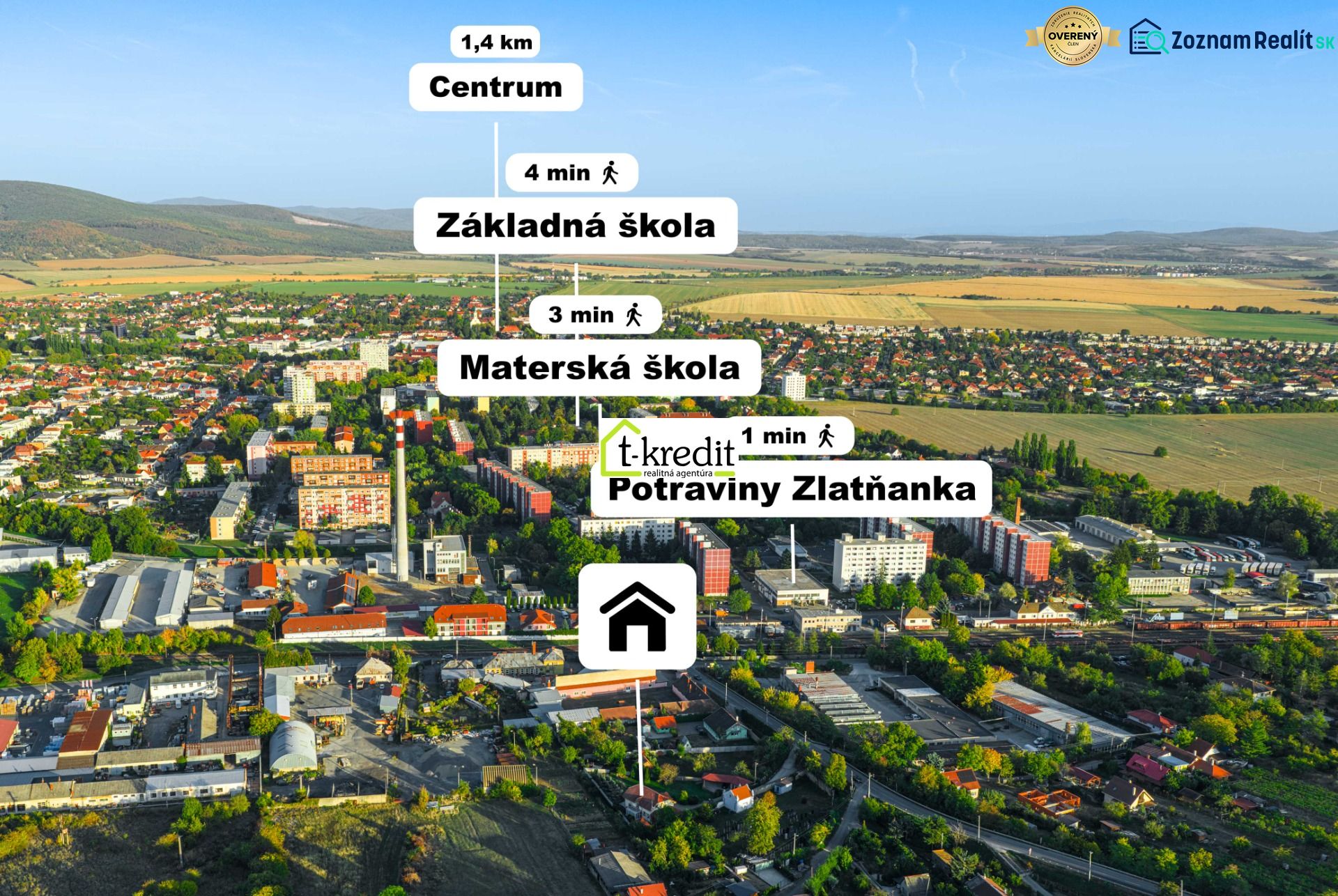 Letecký pohled na rodinné domy ve Zlatých Moravcích se vzdálenostmi k vybavenosti.