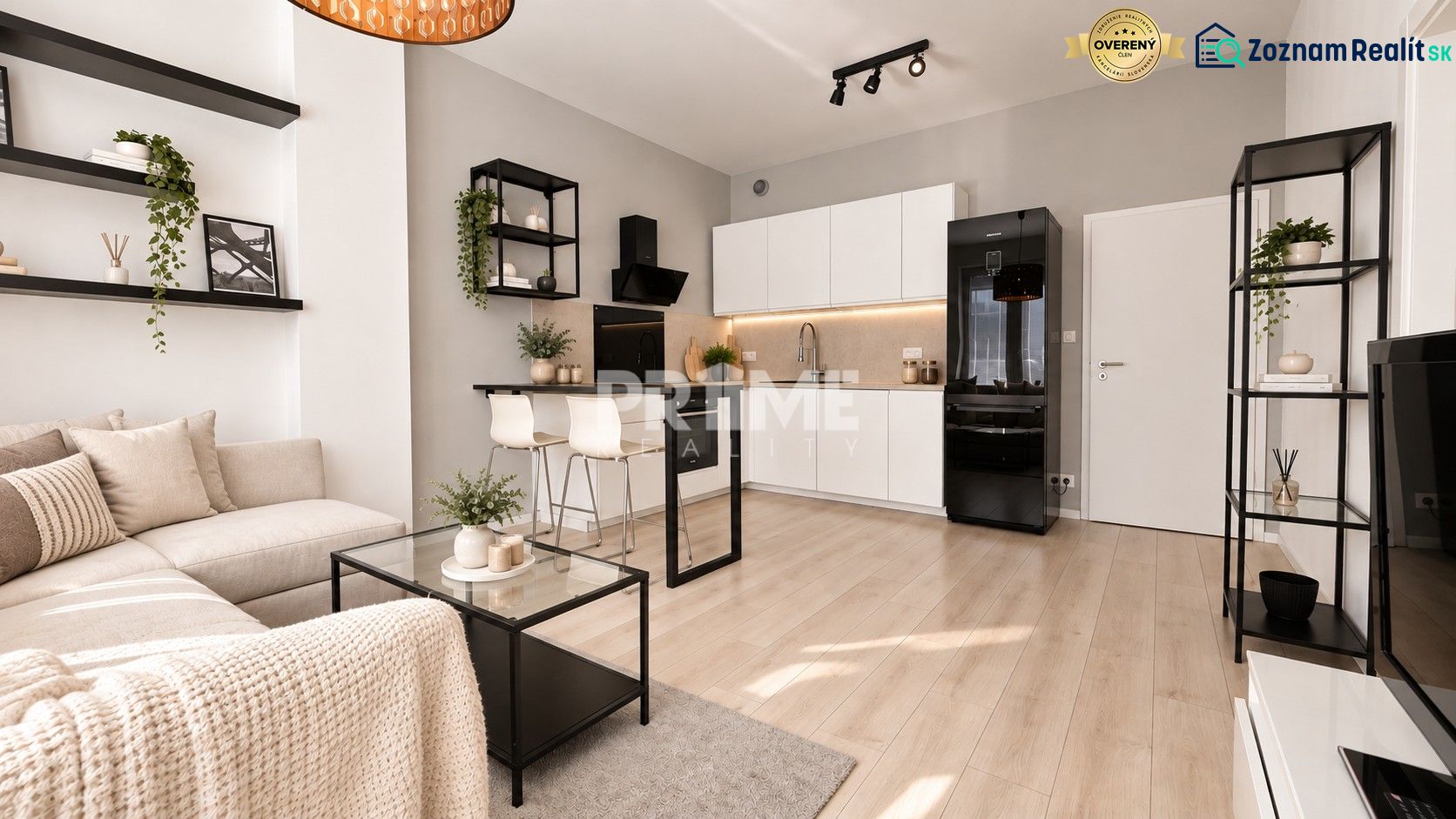 Stylový 2-pokojový byt s podlahou s dřevěným dekorem a moderní kuchyní.